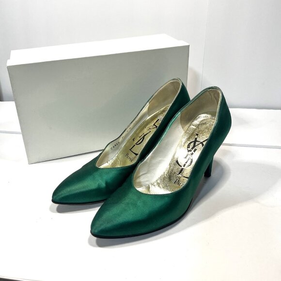 YVES SAINT LAURENT Hunter Green Satin Heels Size 7-1/2B - Picture 10 of 10